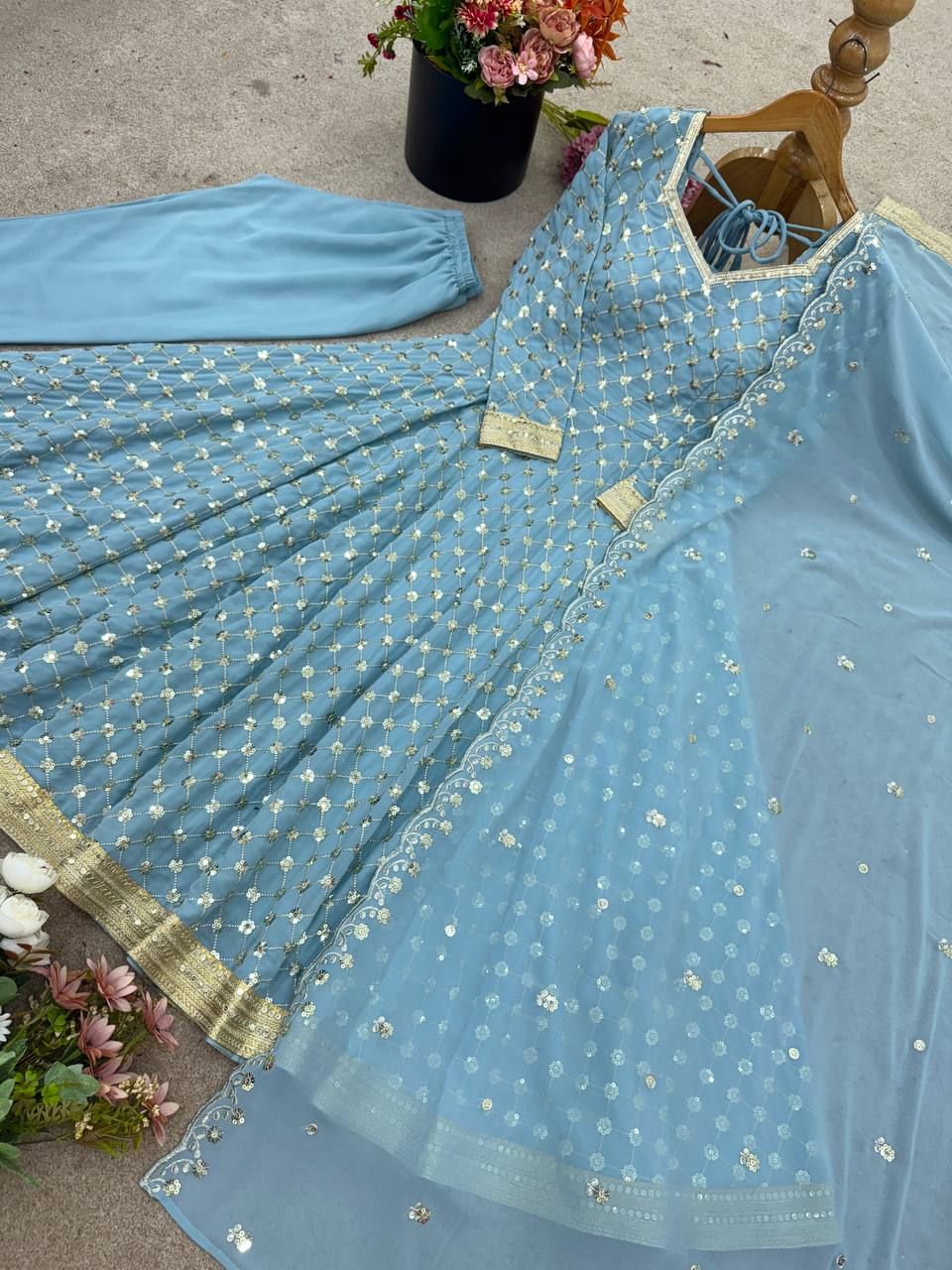 Sky blue heavy georgette embroidery sequence work ready to wear