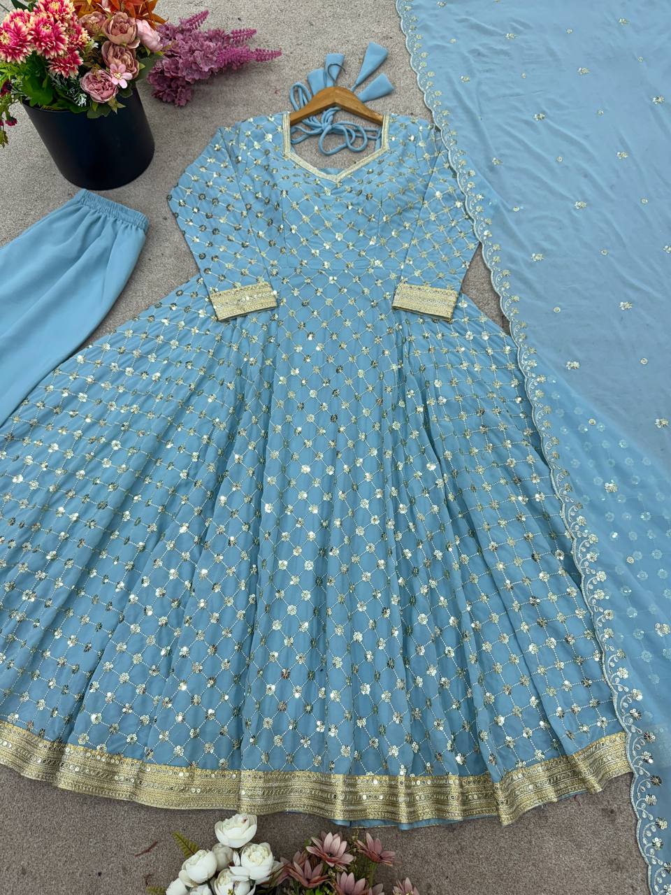 Sky blue heavy georgette embroidery sequence work ready to wear