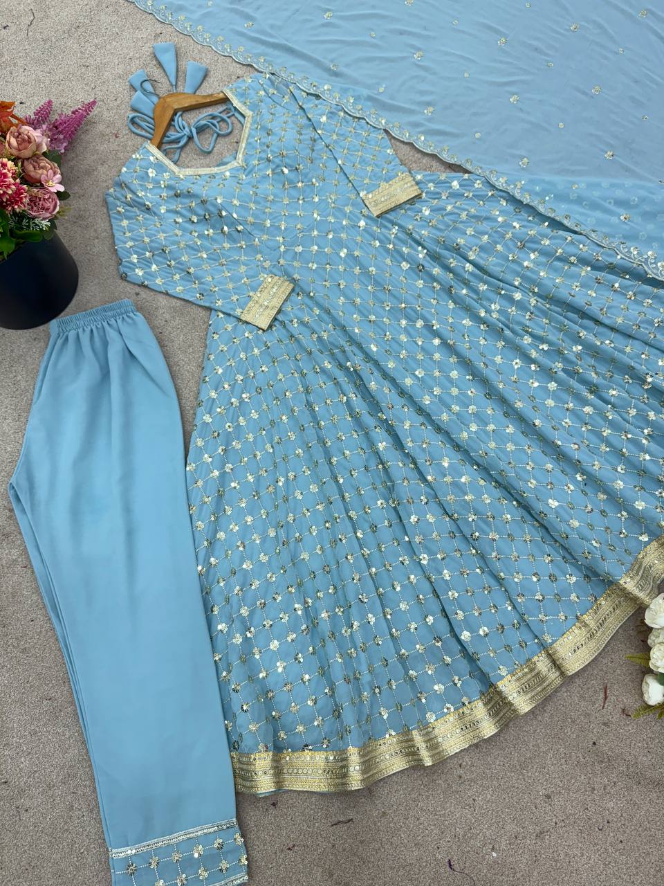 Sky blue heavy georgette embroidery sequence work ready to wear