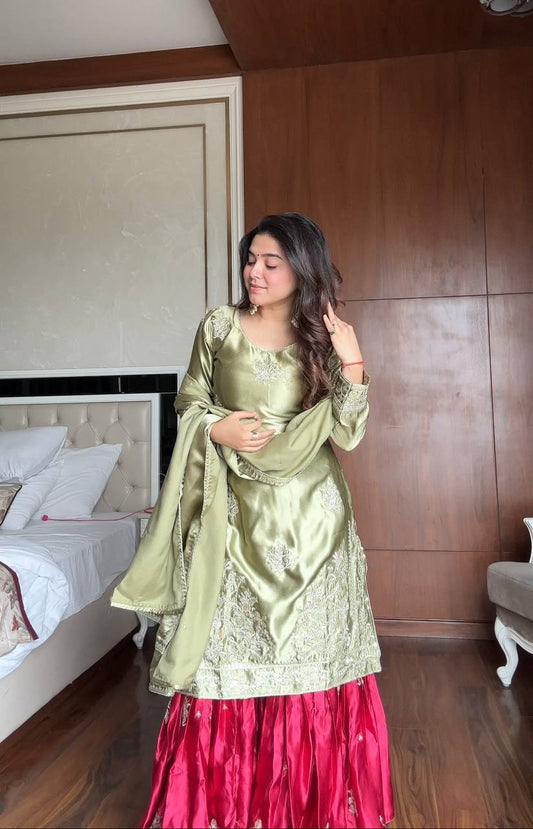 Mehndi moss satin sequence embroidery work kurti,sharara and dupatta
