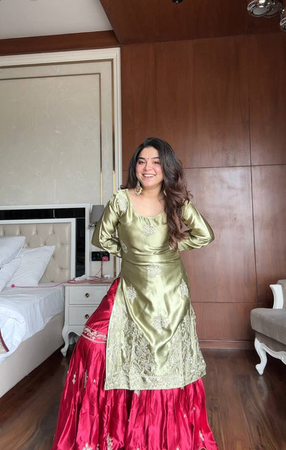 Mehndi moss satin sequence embroidery work kurti,sharara and dupatta