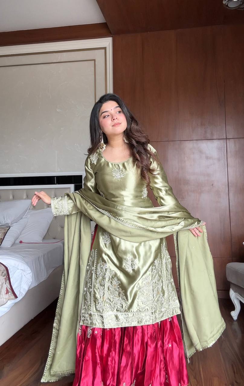 Mehndi moss satin sequence embroidery work kurti,sharara and dupatta