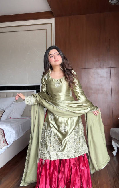 Mehndi moss satin sequence embroidery work kurti,sharara and dupatta