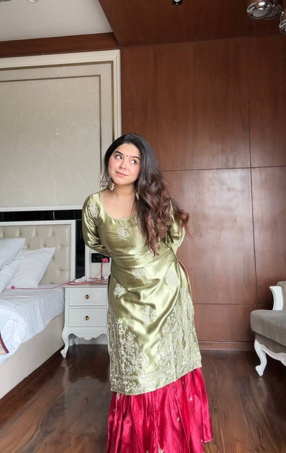 Mehndi moss satin sequence embroidery work kurti,sharara and dupatta