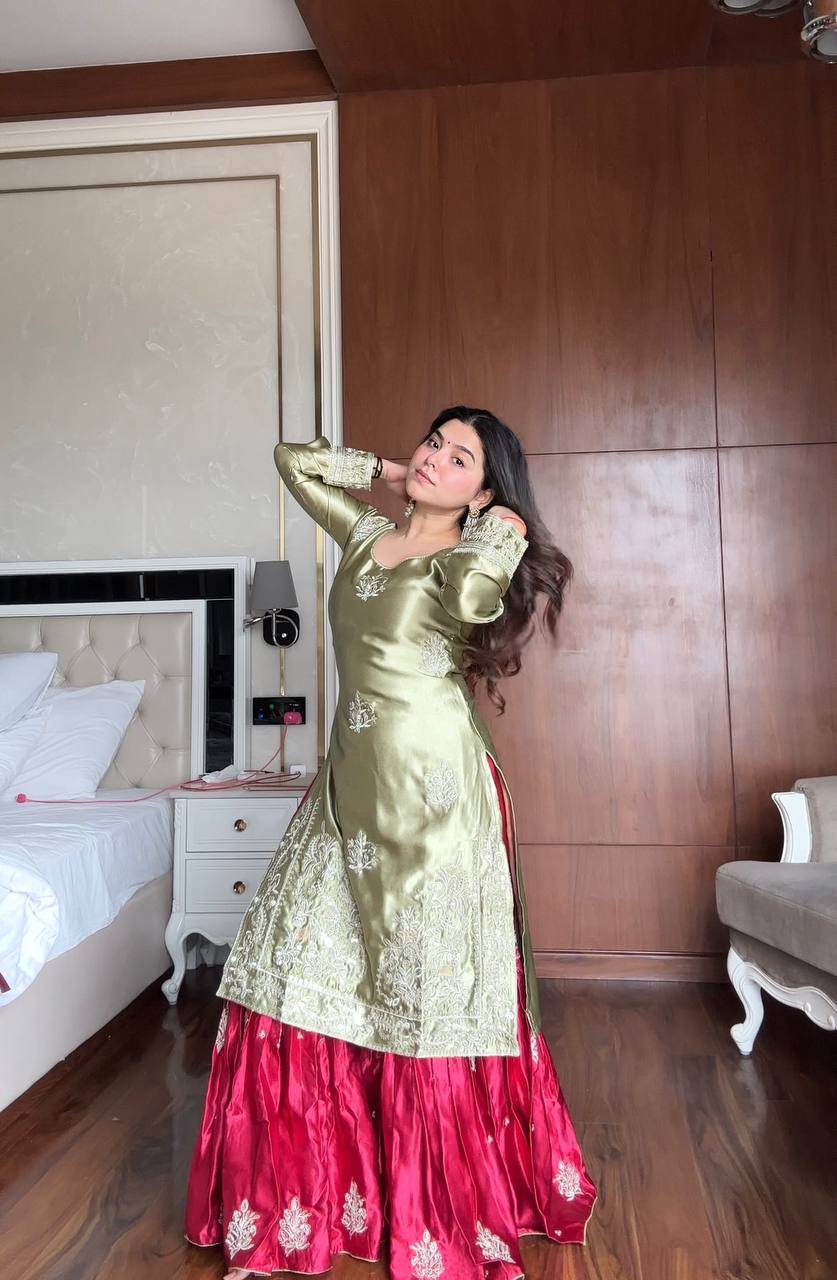 Mehndi moss satin sequence embroidery work kurti,sharara and dupatta