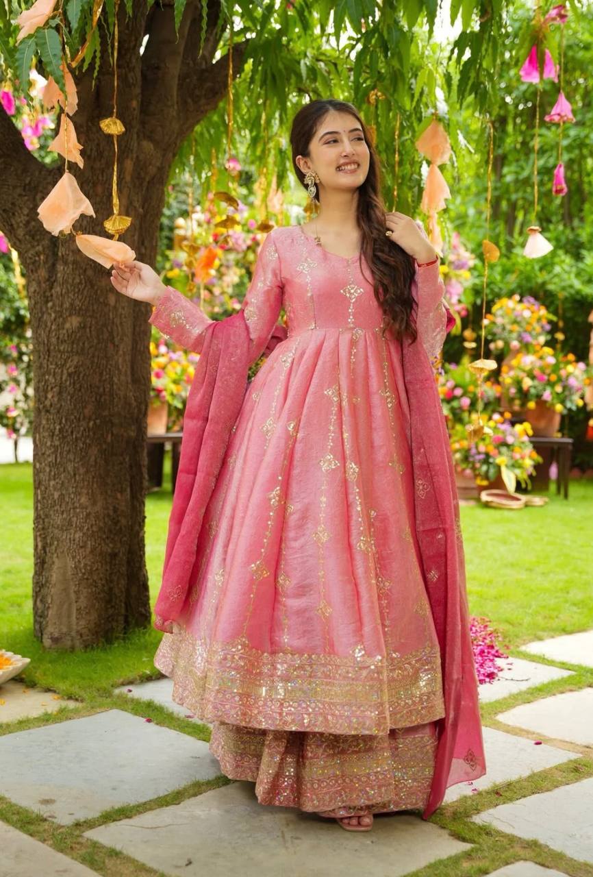 Pink heavy crunchy silk with heavy embroidery sequence work women’s ethnic wear