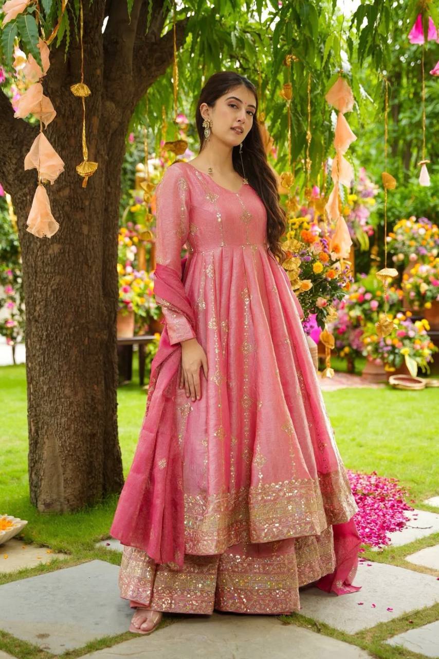 Pink heavy crunchy silk with heavy embroidery sequence work women’s ethnic wear
