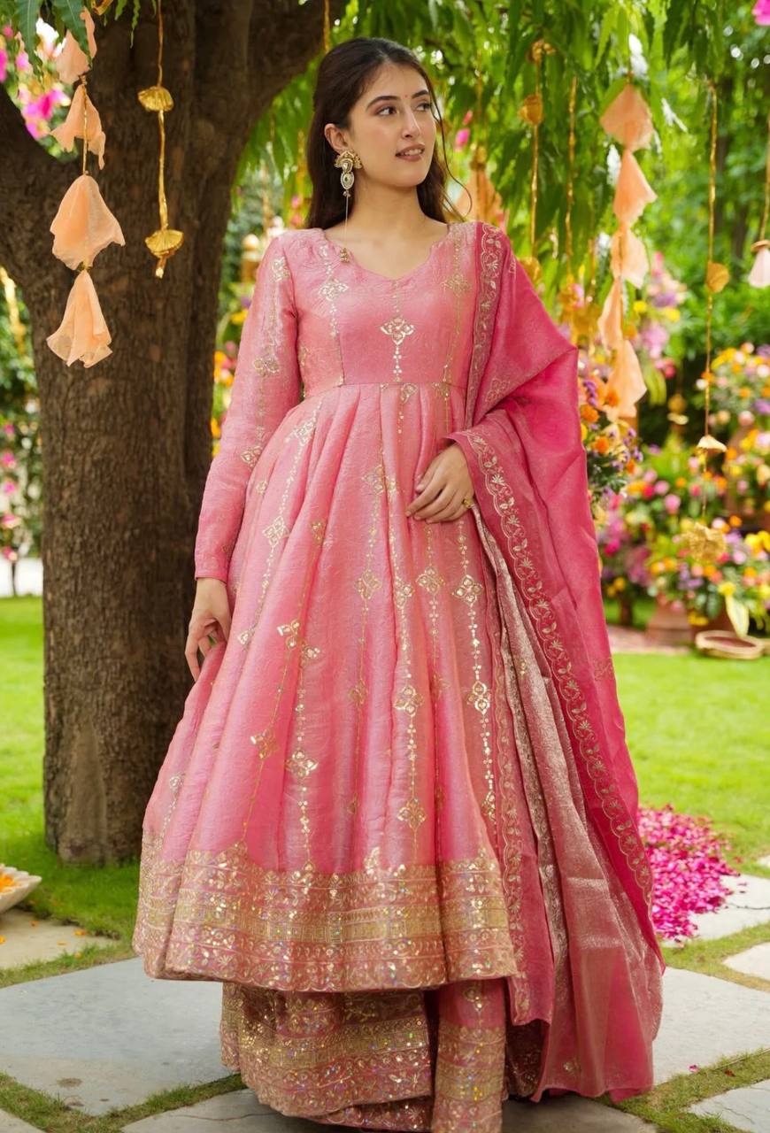 Pink heavy crunchy silk with heavy embroidery sequence work women’s ethnic wear