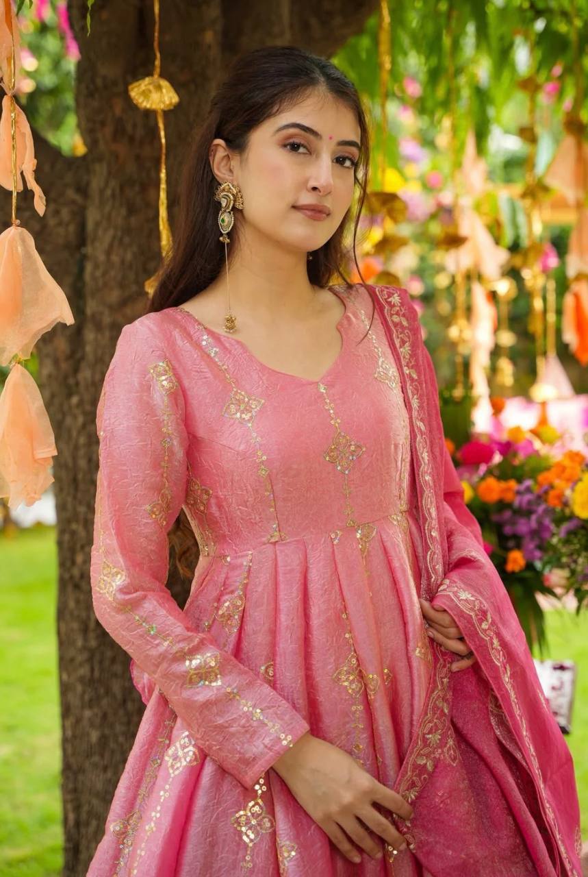 Pink heavy crunchy silk with heavy embroidery sequence work women’s ethnic wear