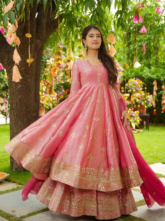 Pink heavy crunchy silk with heavy embroidery sequence work women’s ethnic wear