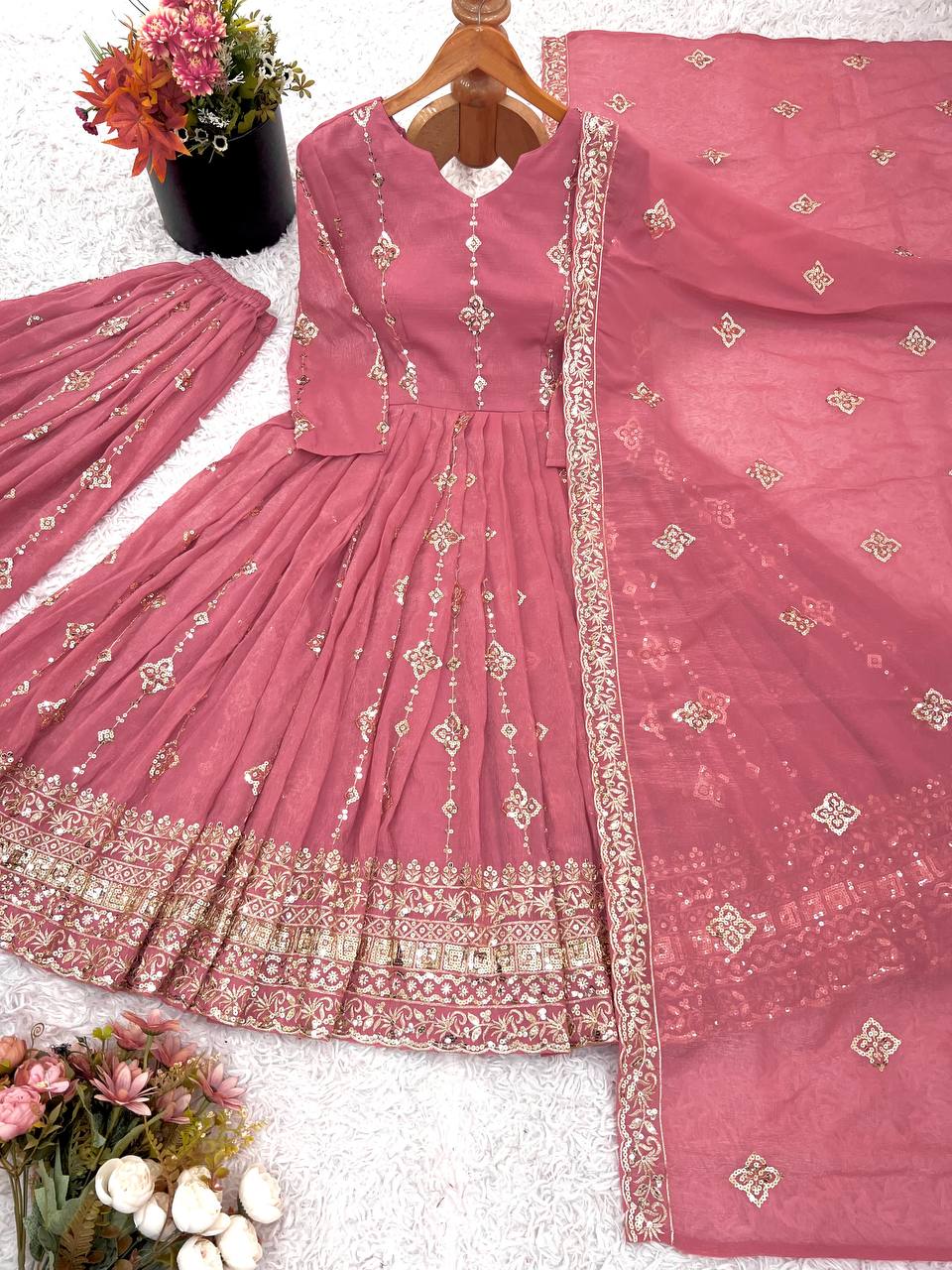 Pink heavy crunchy silk with heavy embroidery sequence work women’s ethnic wear