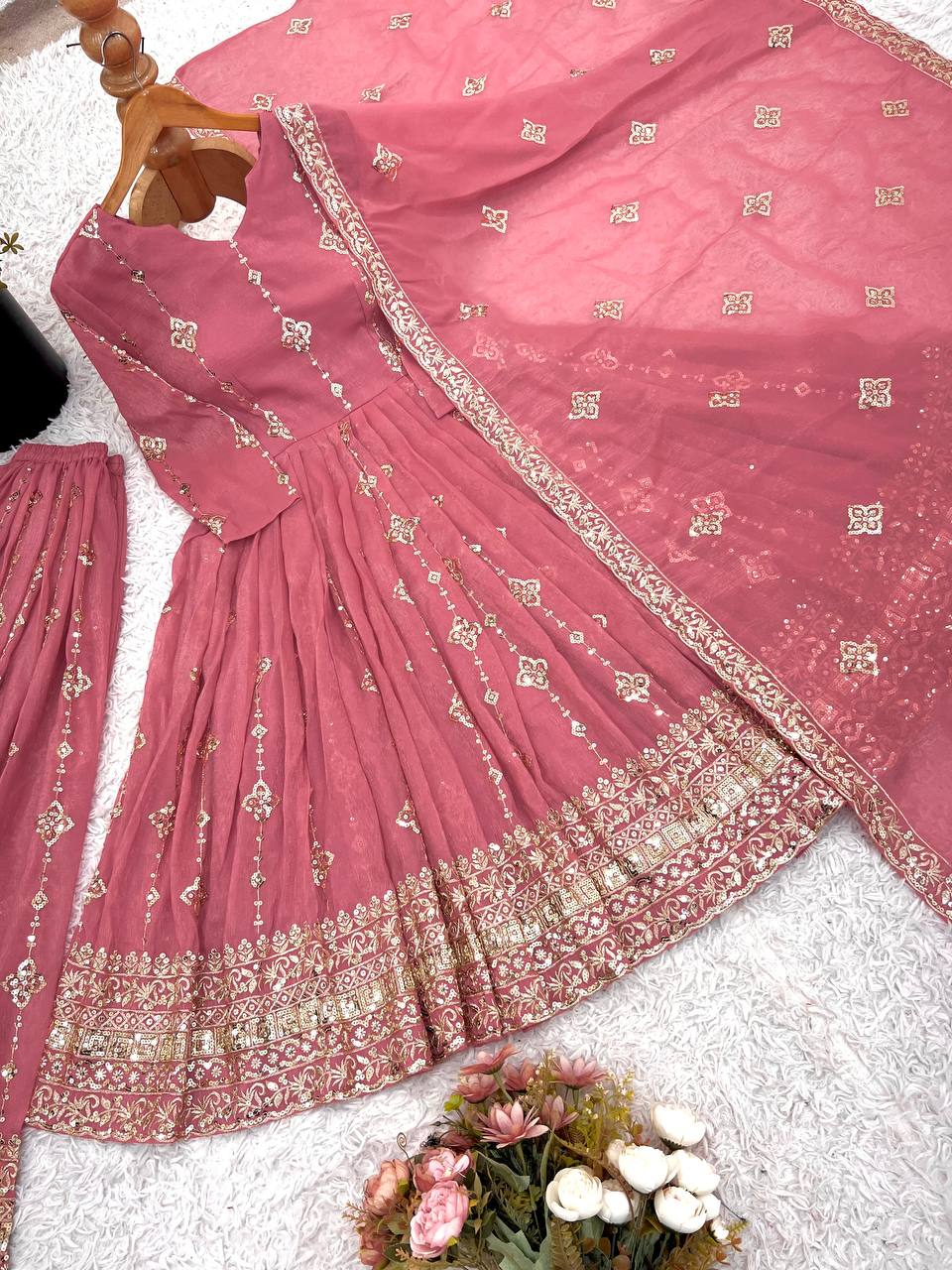 Pink heavy crunchy silk with heavy embroidery sequence work women’s ethnic wear