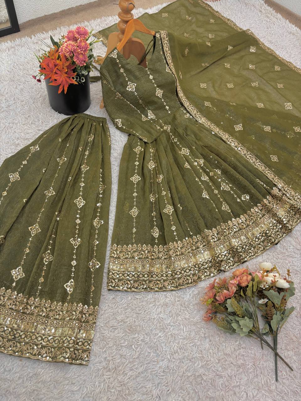 Mehndi heavy crunchy silk with heavy embroidery sequence work women’s ethnic wear
