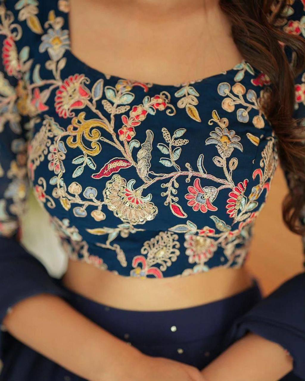 Navy blue georgette sequin embroidery work lehenga choli and dupatta