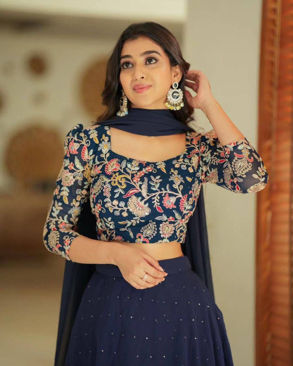 Navy blue georgette sequin embroidery work lehenga choli and dupatta