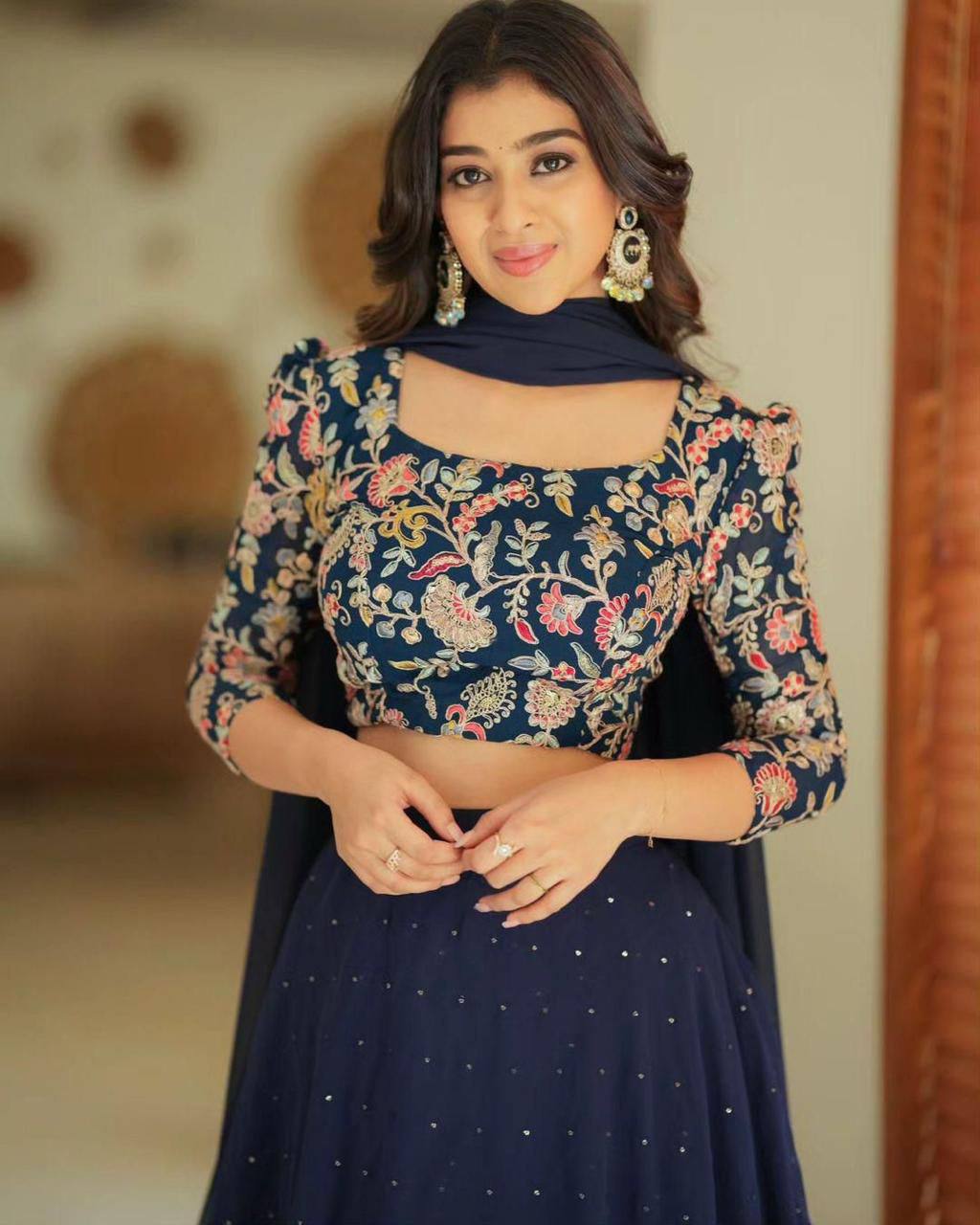 Navy blue georgette sequin embroidery work lehenga choli and dupatta