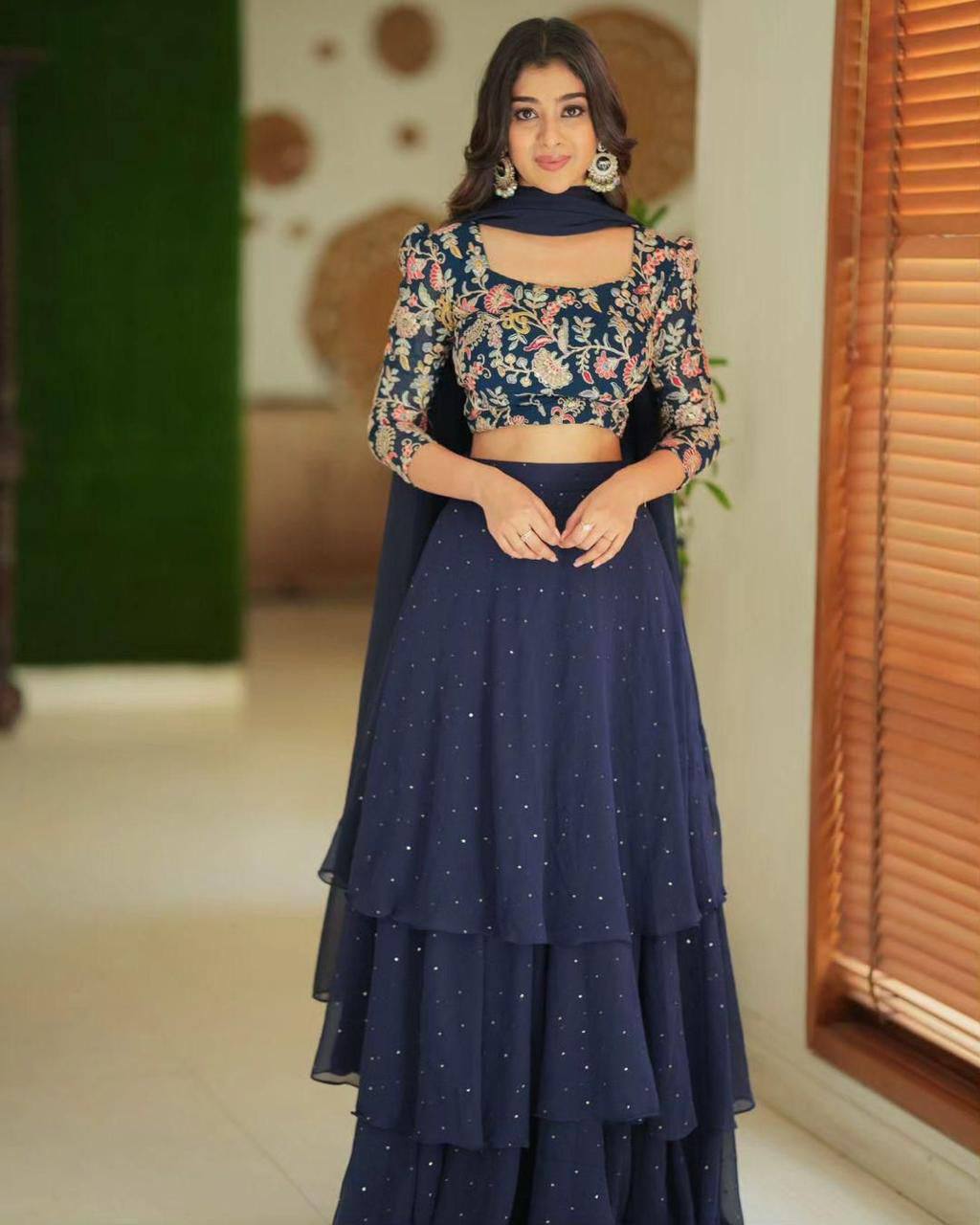 Navy blue georgette sequin embroidery work lehenga choli and dupatta
