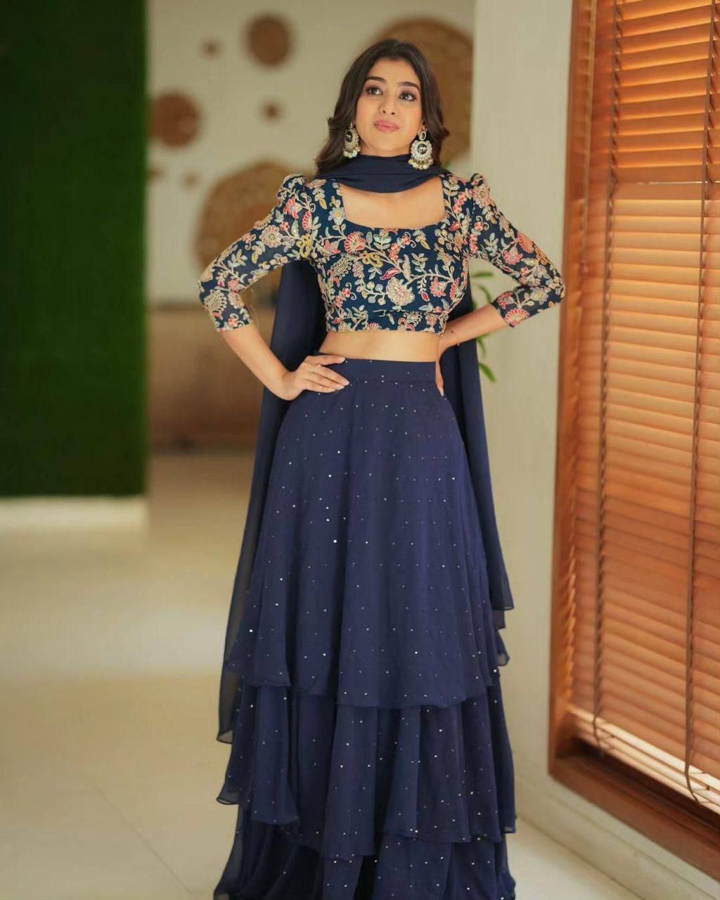 Navy blue georgette sequin embroidery work lehenga choli and dupatta