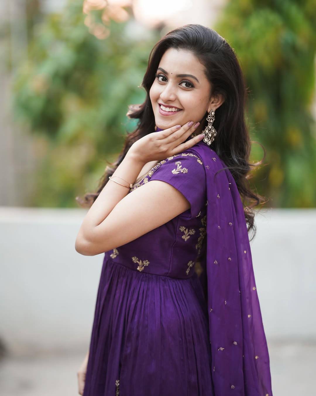 Purple georgette sequins zari & thread embroidery work gown attached dupatta & belt