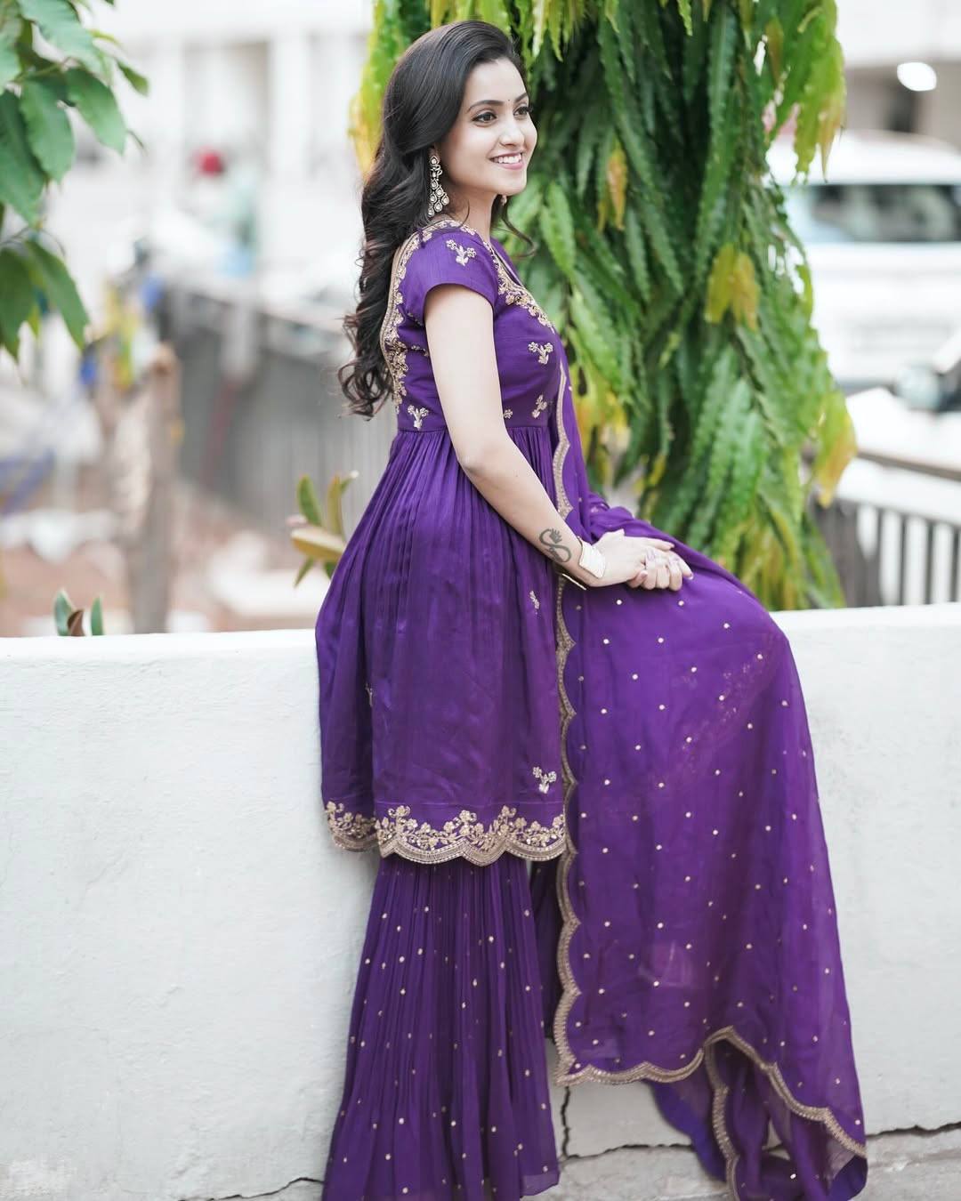 Purple georgette sequins zari & thread embroidery work gown attached dupatta & belt