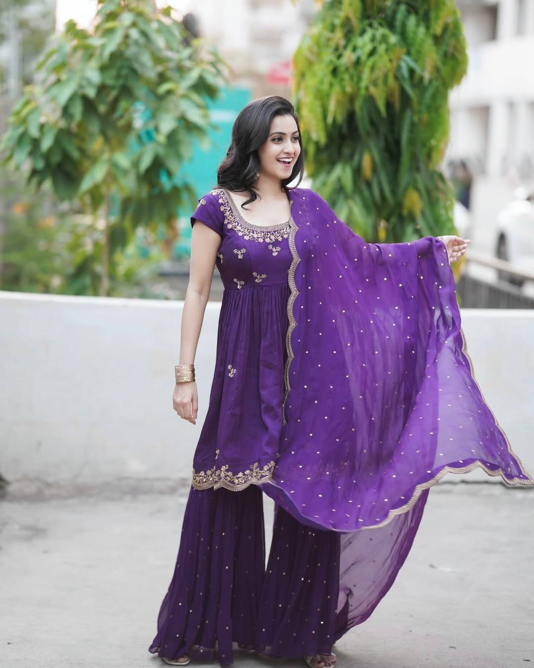 Purple georgette sequins zari & thread embroidery work gown attached dupatta & belt