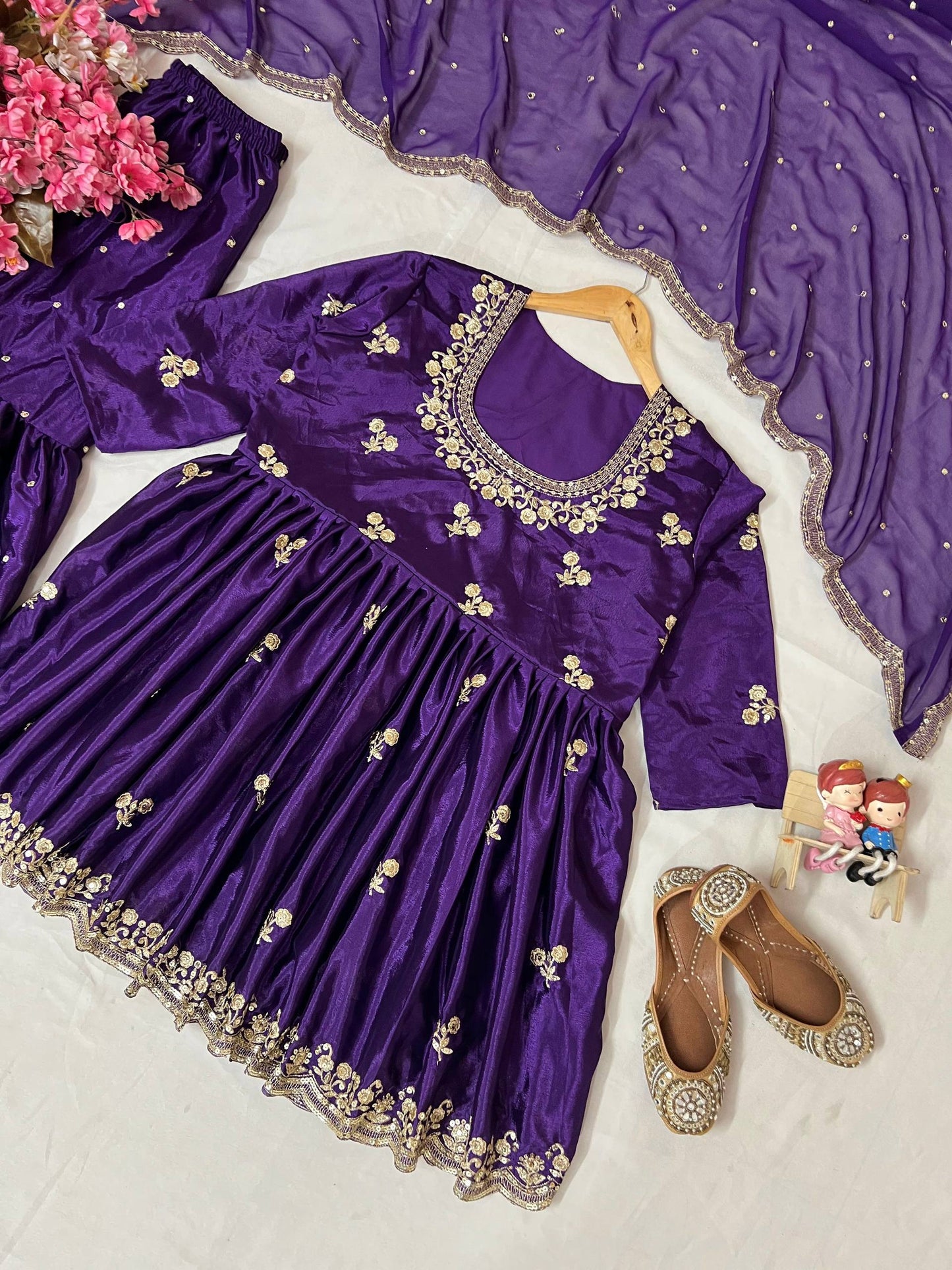 Purple georgette sequins zari & thread embroidery work gown attached dupatta & belt