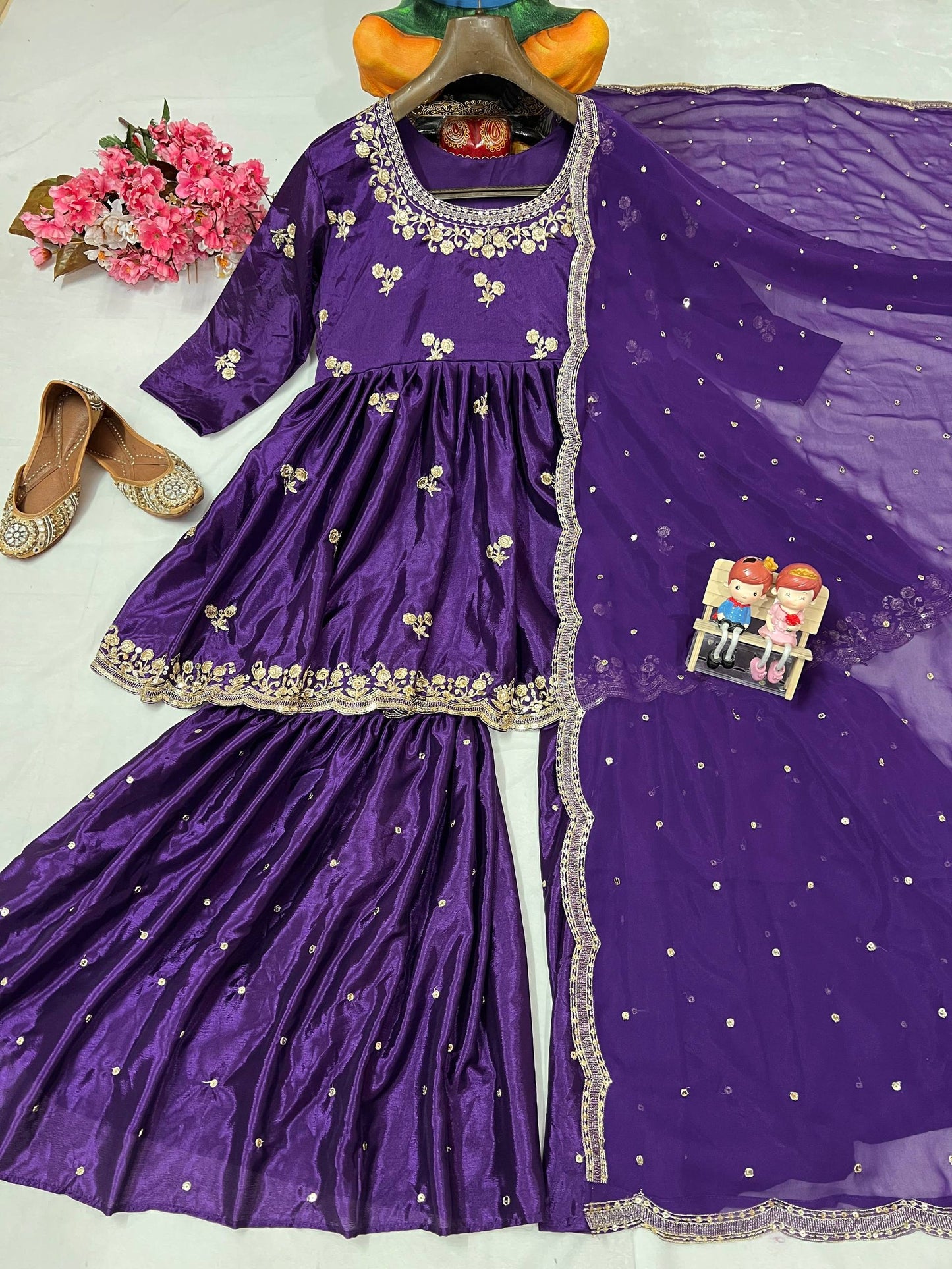Purple georgette sequins zari & thread embroidery work gown attached dupatta & belt
