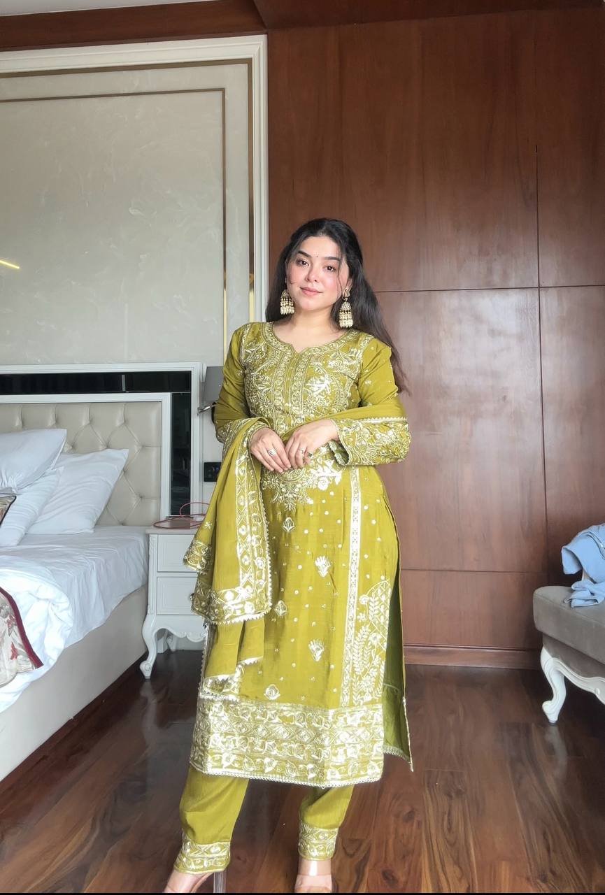Mehndi chinon sequence embroidery work kurti-pant-dupatta set