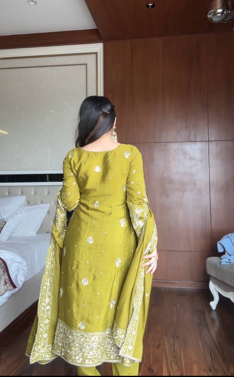 Mehndi chinon sequence embroidery work kurti-pant-dupatta set