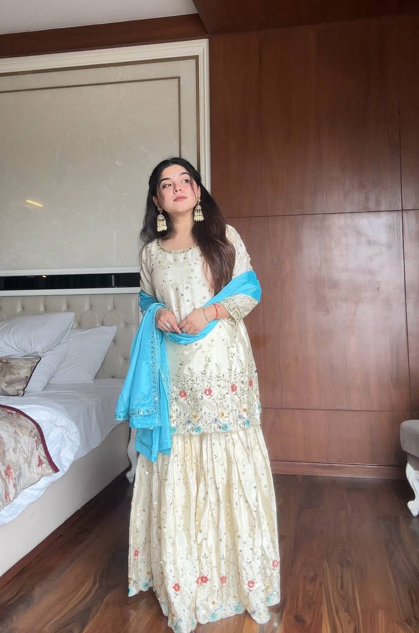 White chinon sequence embroidery work kurti, sharara and dupatta set