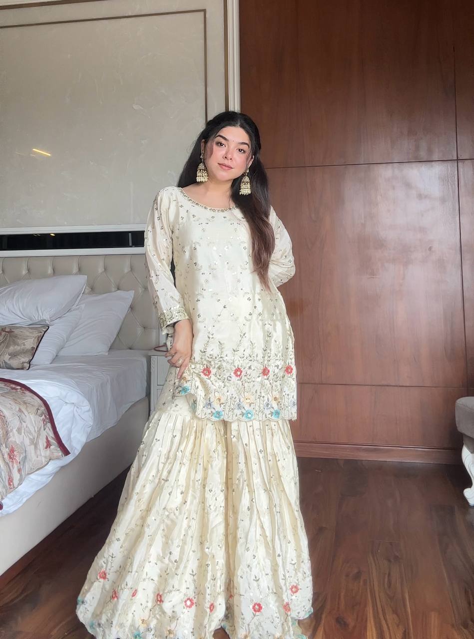 White chinon sequence embroidery work kurti, sharara and dupatta set