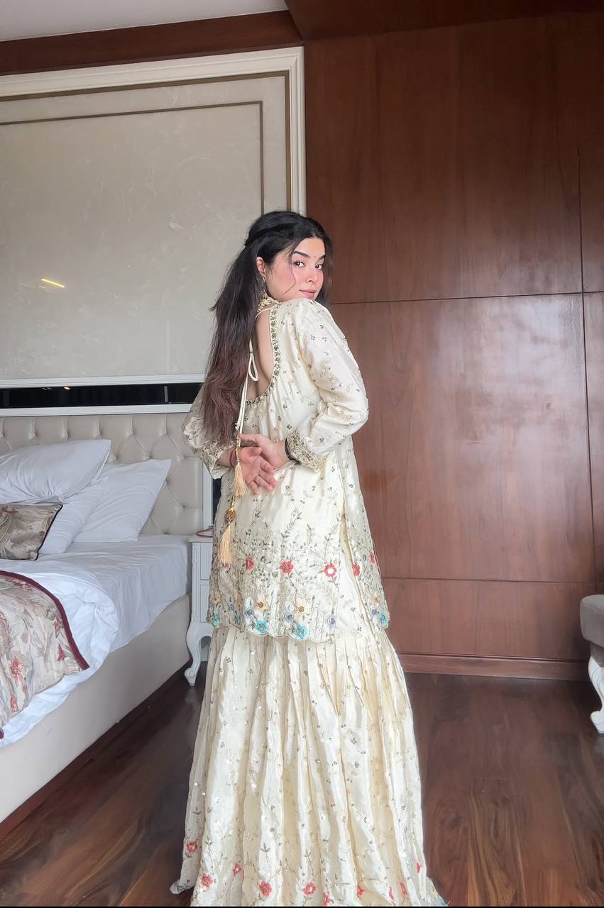 White chinon sequence embroidery work kurti, sharara and dupatta set