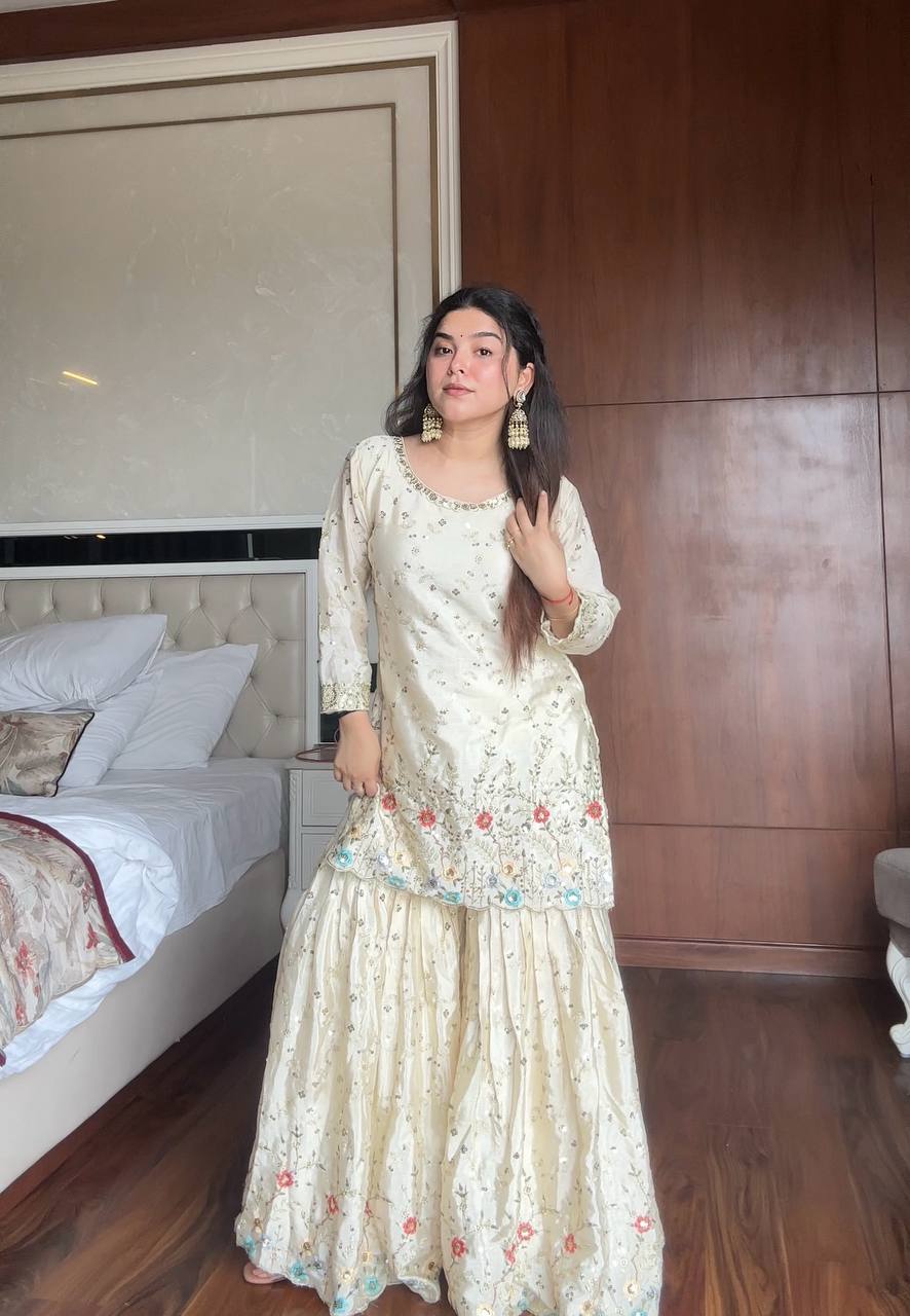 White chinon sequence embroidery work kurti, sharara and dupatta set
