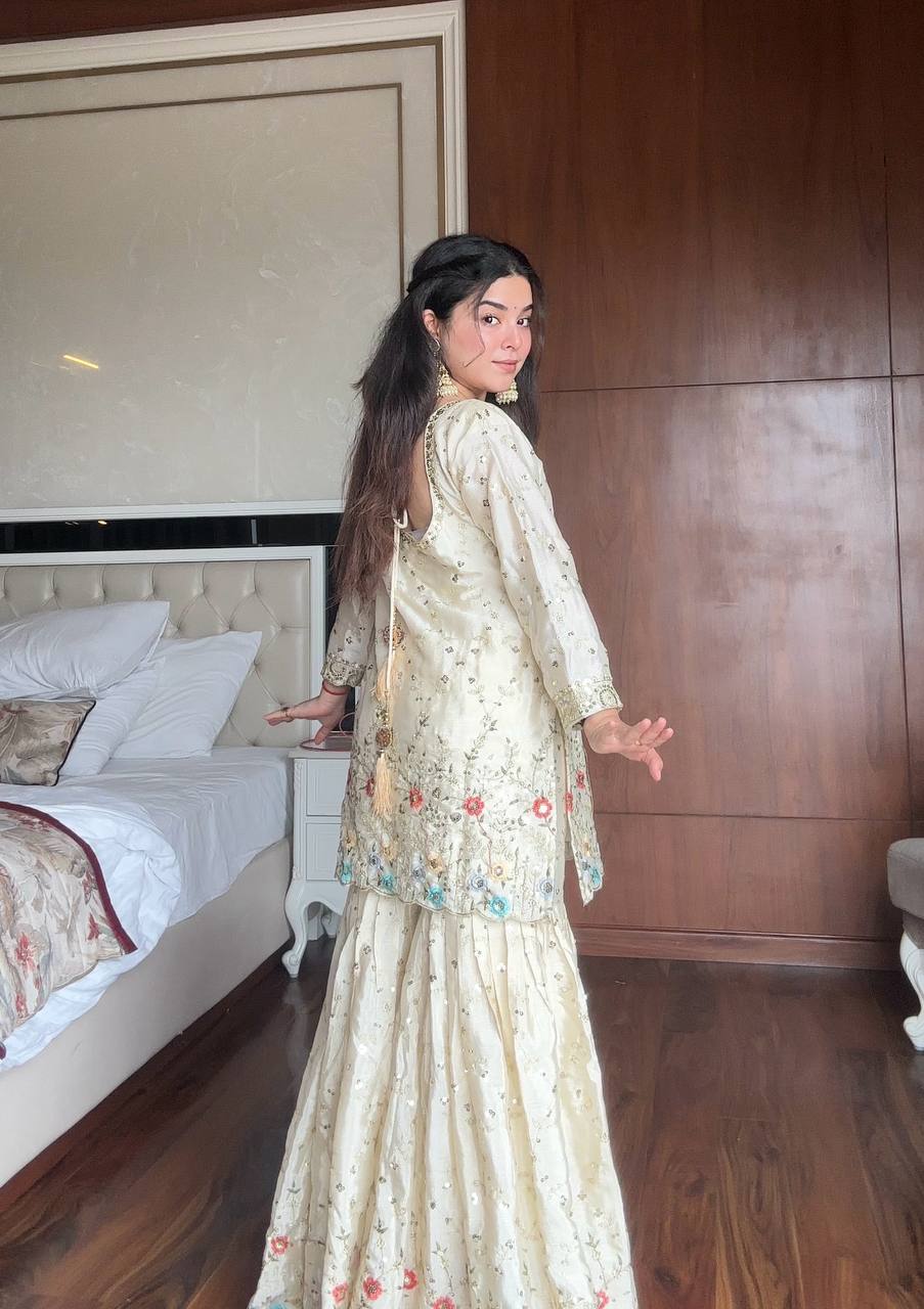 White chinon sequence embroidery work kurti, sharara and dupatta set