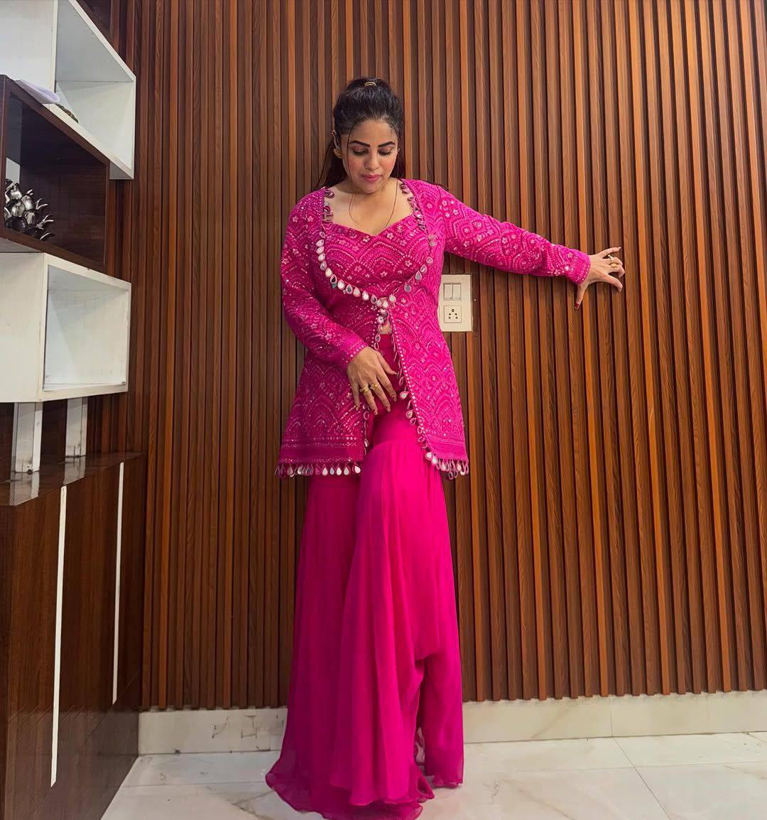 Rani georgette embroidery work & real mirror work sharara-blouse-jacket and dupatta