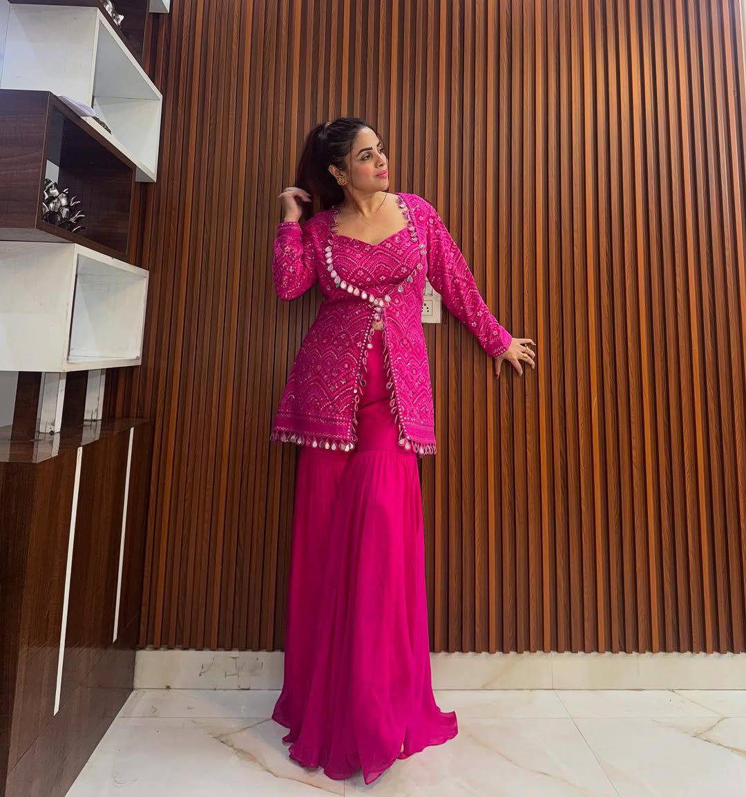 Rani georgette embroidery work & real mirror work sharara-blouse-jacket and dupatta