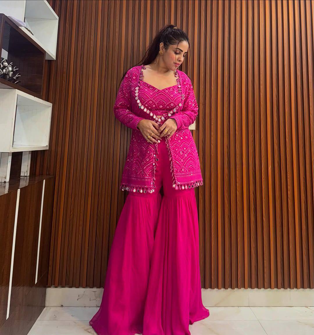 Rani georgette embroidery work & real mirror work sharara-blouse-jacket and dupatta