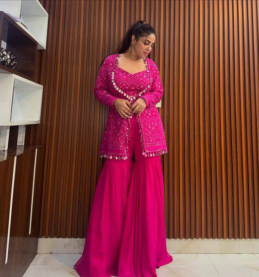 Rani georgette embroidery work & real mirror work sharara-blouse-jacket and dupatta