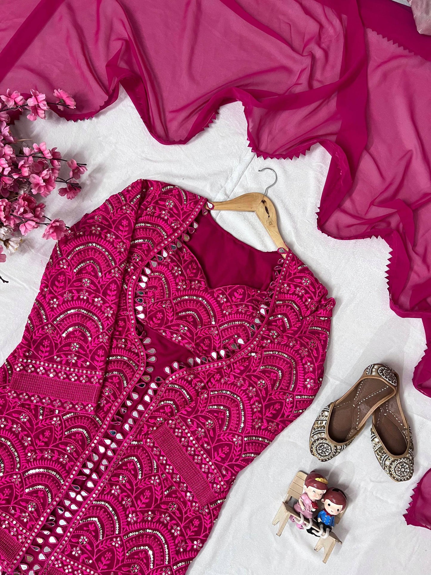 Rani georgette embroidery work & real mirror work sharara-blouse-jacket and dupatta