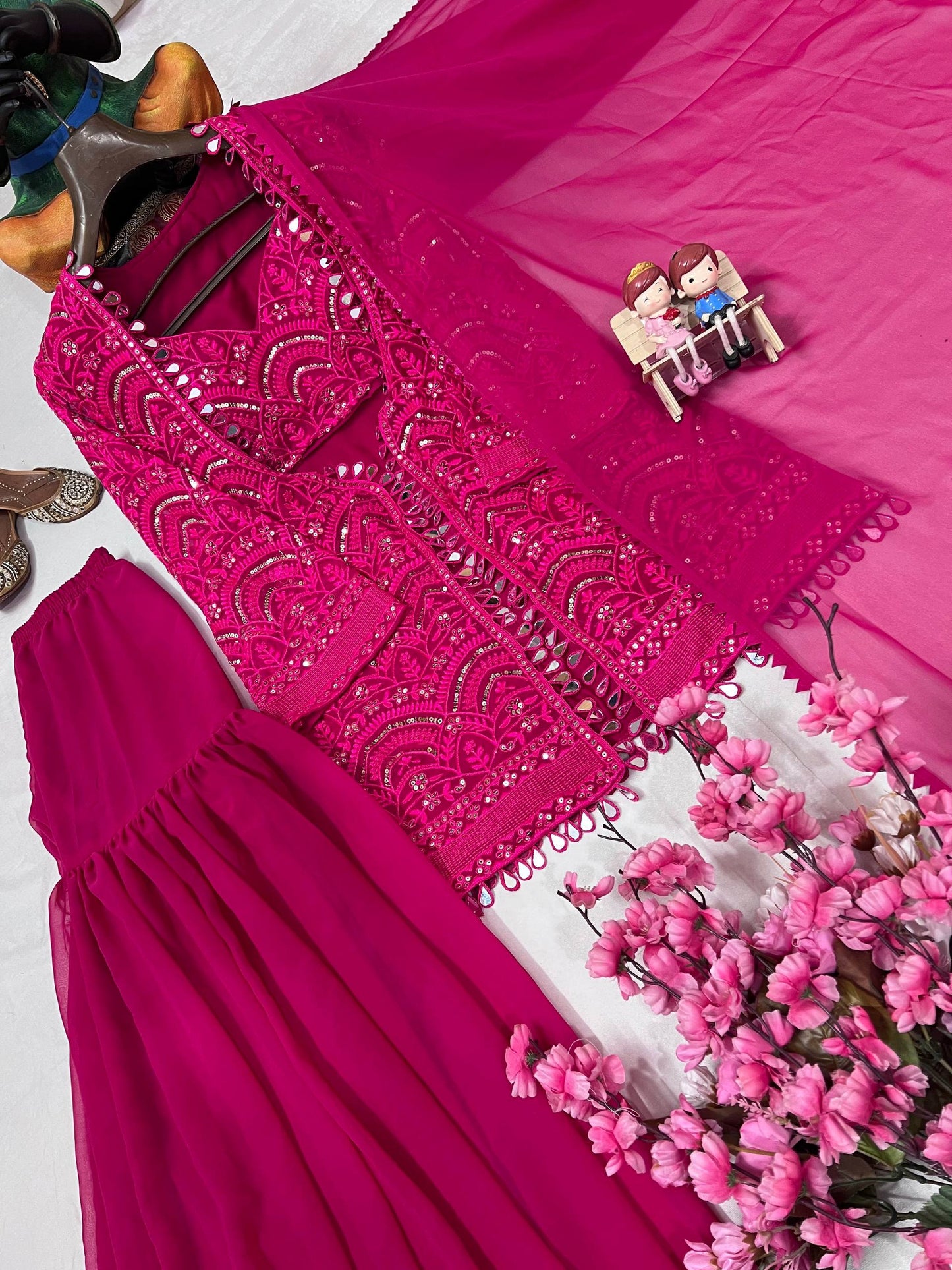 Rani georgette embroidery work & real mirror work sharara-blouse-jacket and dupatta
