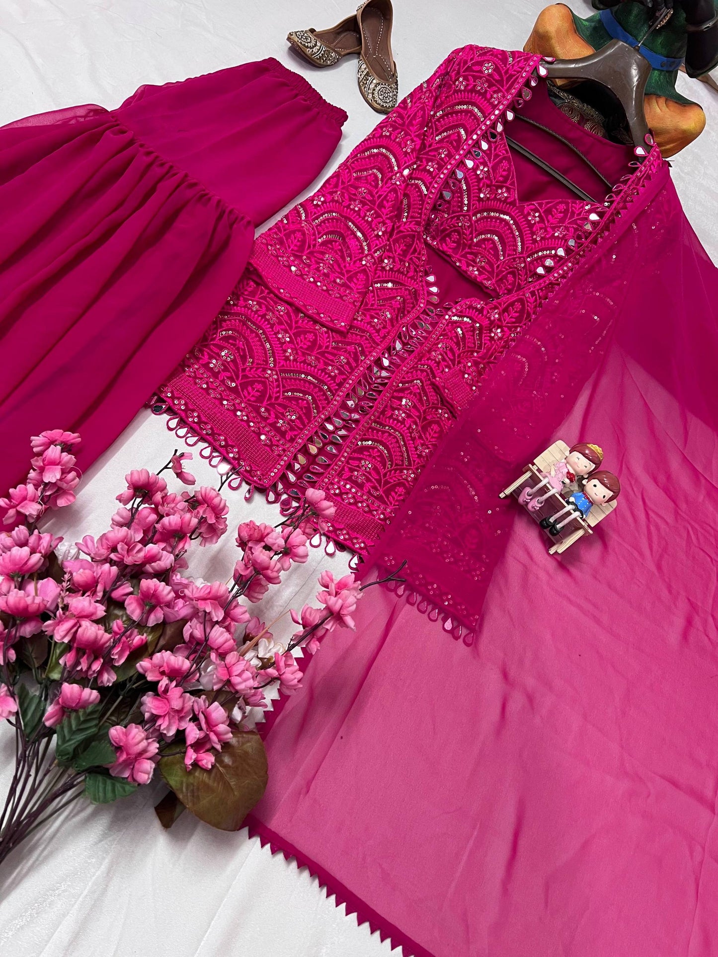 Rani georgette embroidery work & real mirror work sharara-blouse-jacket and dupatta