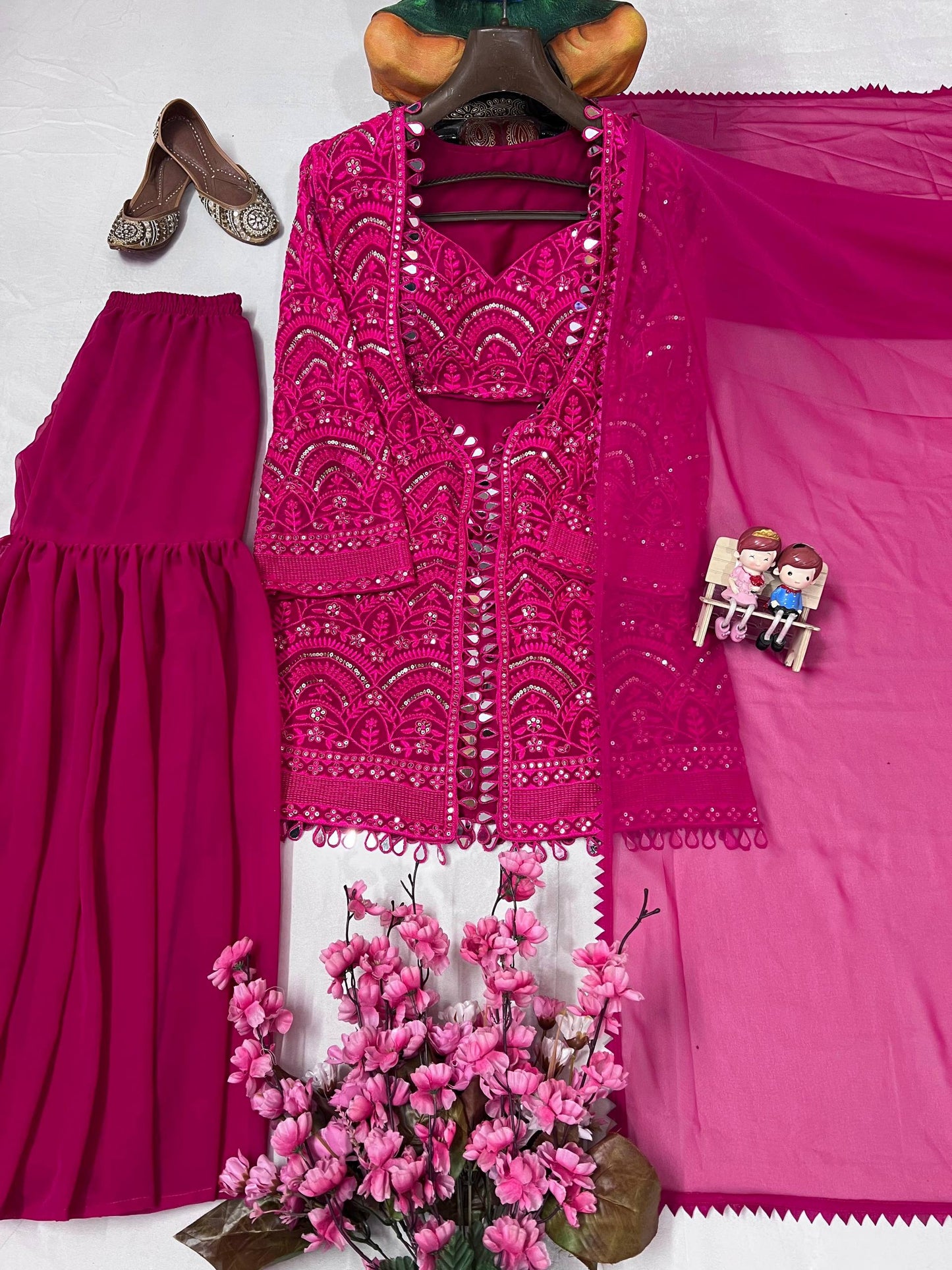 Rani georgette embroidery work & real mirror work sharara-blouse-jacket and dupatta