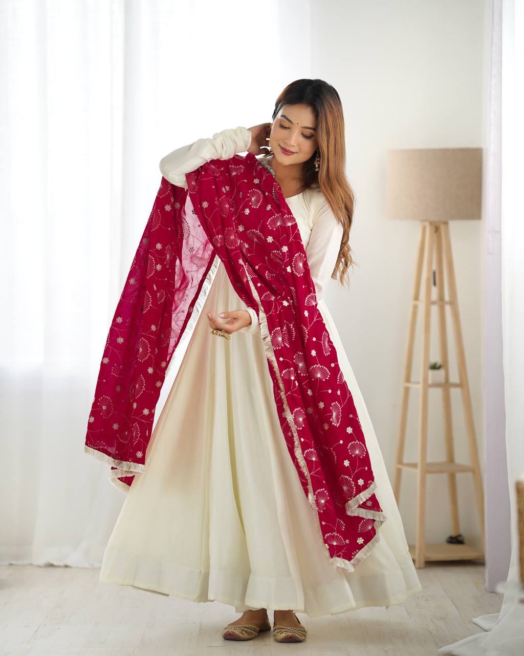 White chanderi silk anarkali with stylish anarkali with pant & dupatta