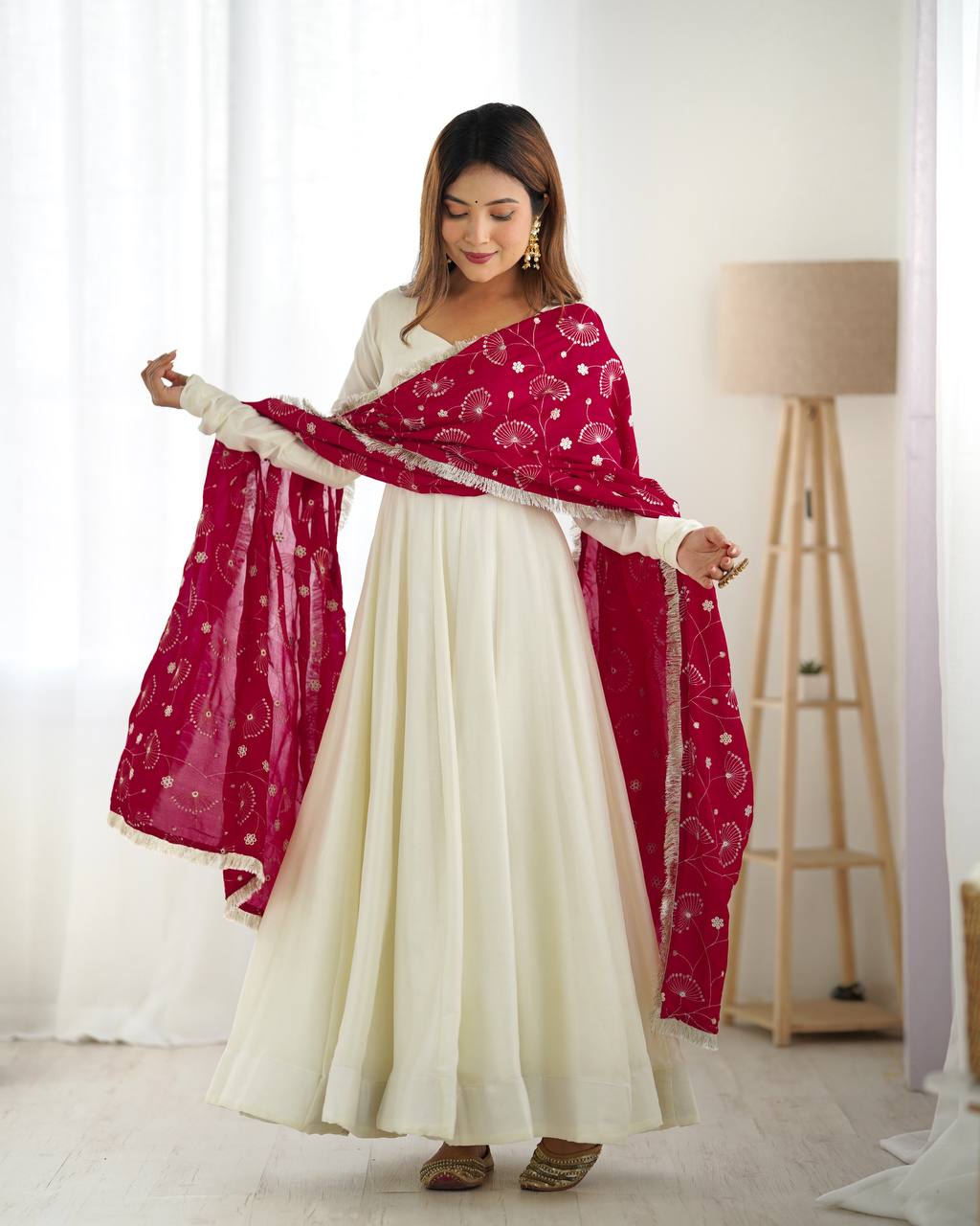 White chanderi silk anarkali with stylish anarkali with pant & dupatta