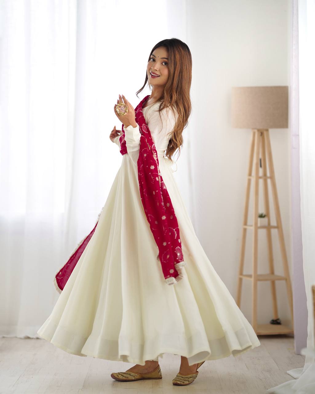 White chanderi silk anarkali with stylish anarkali with pant & dupatta