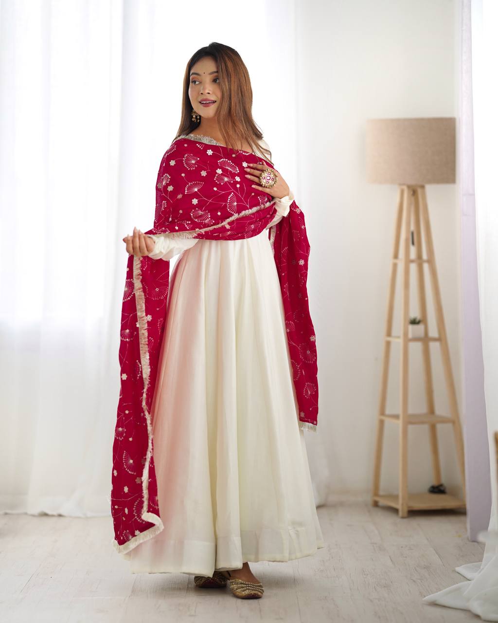 White chanderi silk anarkali with stylish anarkali with pant & dupatta