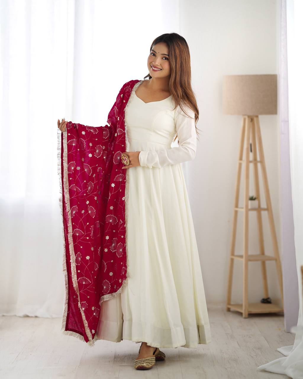 White chanderi silk anarkali with stylish anarkali with pant & dupatta
