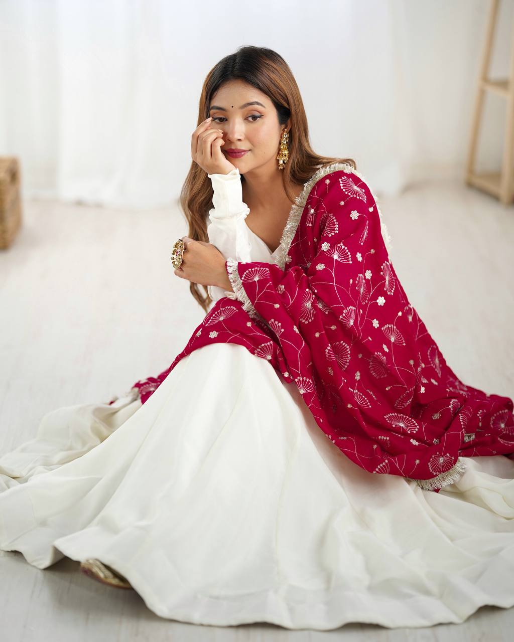 White chanderi silk anarkali with stylish anarkali with pant & dupatta