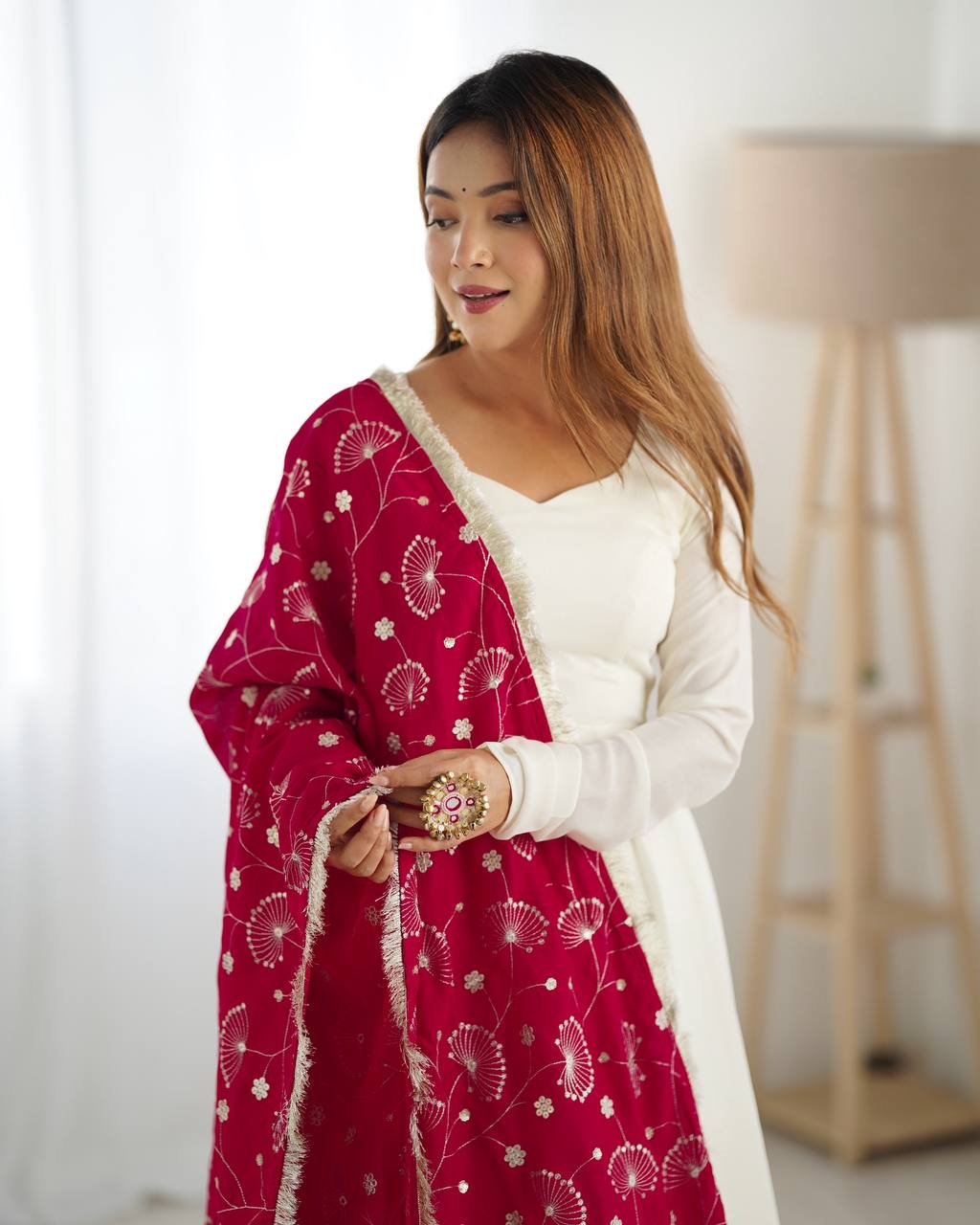White chanderi silk anarkali with stylish anarkali with pant & dupatta