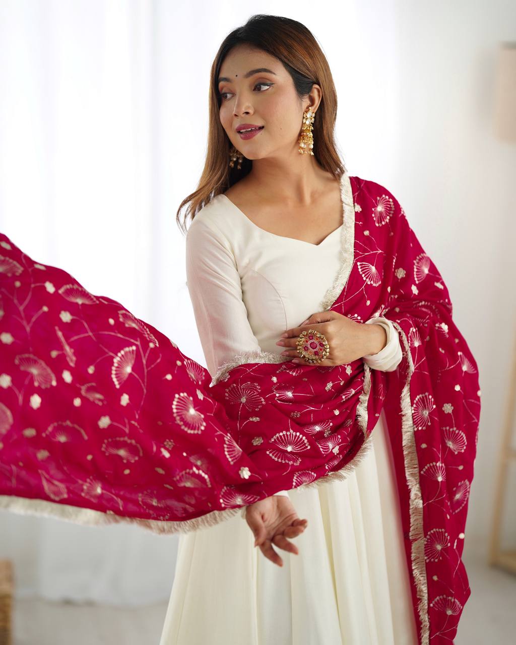 White chanderi silk anarkali with stylish anarkali with pant & dupatta